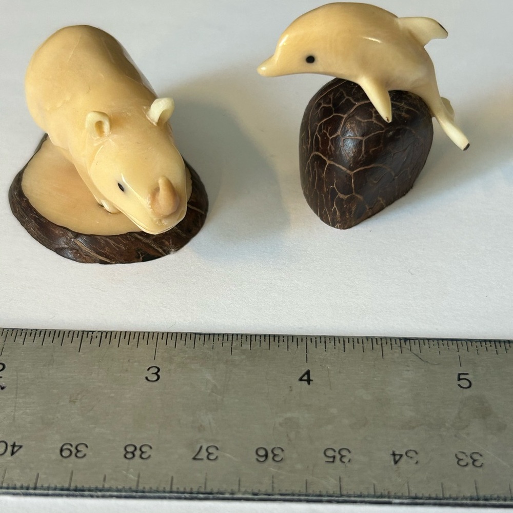 Tagua Nut (aka Vegetable Ivory) Dolphin and Rhinoceros figurine carvings